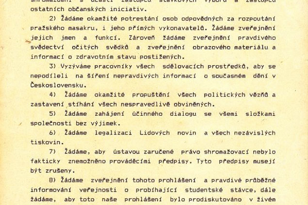 Prohlášení studentů pražských vysokých škol – autentický leták z 20. listopadu 1989