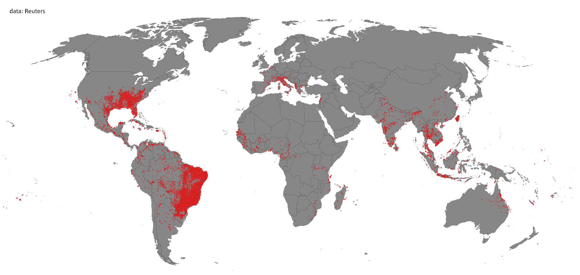 Mapa výskytu komára Aedes Aegypti